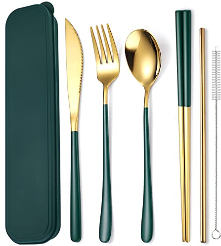 AARAINBOW Travel Utensil Set 6 Pieces, 18/8 Stainless Steel Flatware Set Portable Reusable Cutlery Set with Chopsticks Knife Fork Spoon Straws Cleaning Brush Dishwasher Safe (Green Golden)