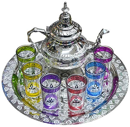 Beau Service à thé marocain complet à utiliser quotidiennement pour théière 800 ml Plateau 32 cm 6 verres typiques artisanaux