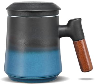 ZENS Teetasse mit Deckel und Sieb, 430ml Gradienten Blau Holzgriff Teebecher, Matte Keramik Teetassen mit Teesieb für Losen Tee Geschenke, Schwarz und Blau