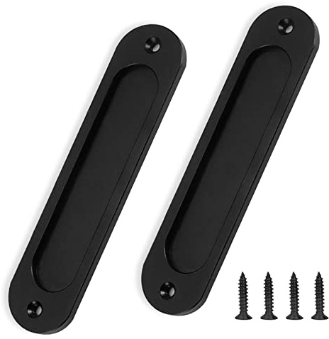 Lot de 2 poignées de porte de grange - Noir mat - 15,2 cm - Rondes - Plaque plate encastrée - Poignées de porte coulissantes - Poignée en aluminium pour placards et tiroirs