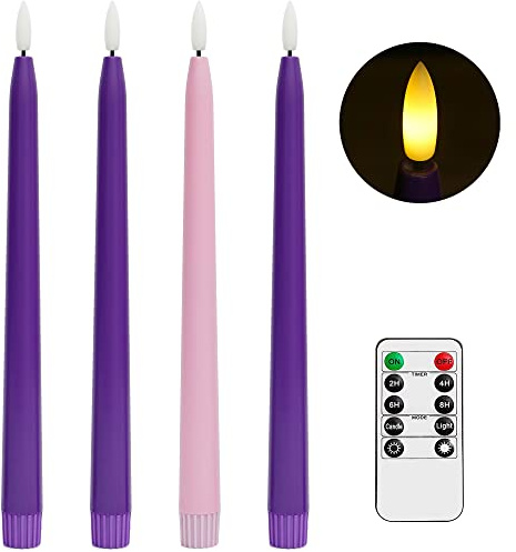 Stmarry Flameless Advent Candles, Set of 4 - Flickering LED Flame, 11 Inch Taper Candlesticks, Remote Controlled, Purple and Pink for Christmas Wreath