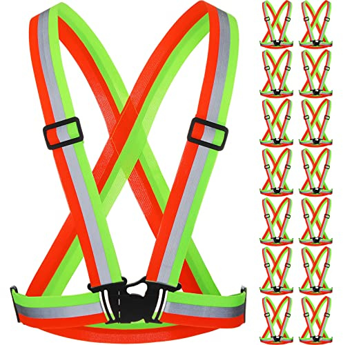 Macarrie 15 Pcs High Visible Reflective Running Vest Bulk Adjustable Safety Vest Elastic Straps Gear Night Walking Outdoor(Green and Orange)