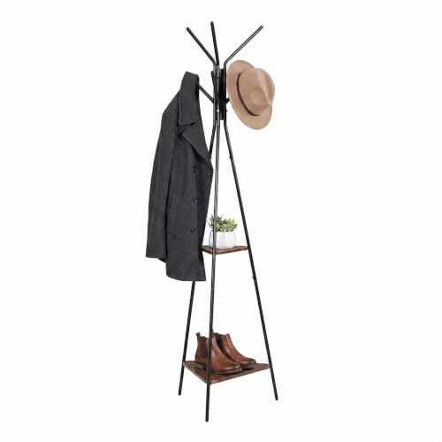 Panana Metal Coat Stand Rack Free Standing Hall Tree Coat Hanger with 2 Shelves for Hallway Bedroom Living Room (Black)
