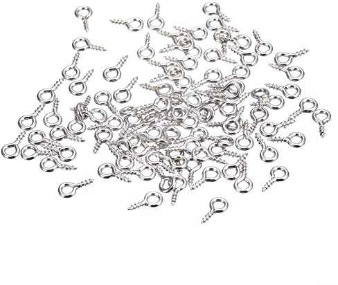 sourcing map 200Pcs Small Screw Eye Pins Hooks Mini Eyelets Screws Threaded, 4x8x1mm Self Tapping Screw for Jewelry Making Findings DIY Crafts, Nickel Silver