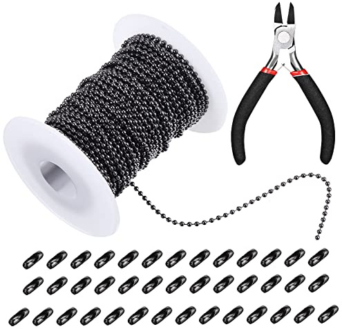 65 Feet Stainless Steel Ball Chains, Stainless Diameter Ball Bead Chain with 40 Pieces Bead Connector Clasp and Plier for Necklace Hanging Ornament Key Chain Tags (Black, 0.1 Inch/ 2.4 mm)