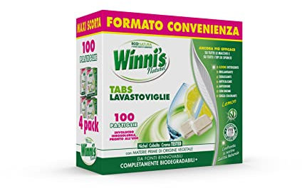 Winni's - Pastiglie per Lavastoviglie, 100 Tabs, Detersivo Multiazione Detergente, Sgrassante, Antiodore e Brillantante, Fragranza di Limone, con Materie Prime di Origine Vegetale, Confezione da 4
