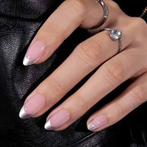 BTArtbox Press On Nails Short - 32 PCS Almond False Nails, Fit Perfectly & Natural Reusable Silver Outline Soft Gel Stick on Nails with Nail Glue and Jelly Glue in 16 Sizes, Rock Me