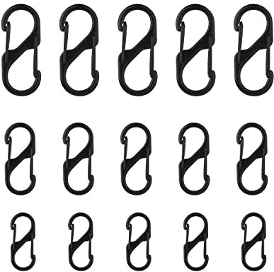 15pcs Black Zipper Locks, Backpack Zipper Locks Dual S Shaped Carabiner Clips Keyring Keychain Quick Clip Theft Deterrent Double Spring Buckle Hook for Camping Outdoor (Small, Large, Medium)