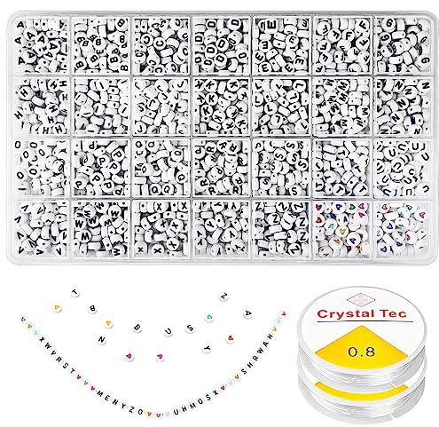 Relota 1400 Stück Perlen Zum Auffädeln 7 X 4 mm, A-Z Weiß Buchstabenperlen und Bunte Herz Perlen, Perlenset mit 2 Elastische Linie für Armbänder Selber Machen, Schmuckherstellung, Halsketten, Ringen