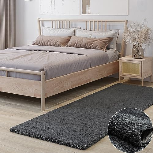 MY-RUG Shaggy Star kuscheliger Langflor Teppich, Rutschhemmende Unterseite, extra Langer Hochflor 37 mm, Pflegeleicht, Super Soft, Felloptik, dunkelgrau, grau, anthrazit, Läufer 200 x 80 cm