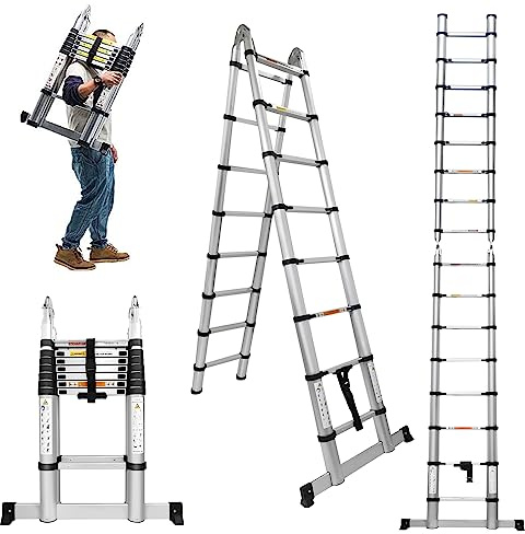 Aluminium Teleskopleiter mit Stabilisatorstange 5M Klappleiter A-Rahmen Verlängerungsleiter Mehrzweck-Schritt-Leiter 8 + 8 Stufen,Rutschfester Ausziehleiter, Gefaltete Größe 95cm, 150kg Tragfähigkeit