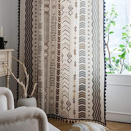 VOGOL Boho-Vorhänge, 213 cm lang, Pfeilmuster, lichtfilternder Terrassentürvorhang mit Quasten, 1 Paneel Stangentaschen-Vorhang für Café-Restaurant, 132 x 213 cm, Beige
