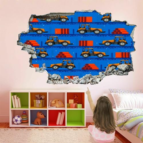 Wandtattoo Aufkleber Wandbild Traktor Mauerloch 3D Durchbruch Effekt Wandsticker Cartoon-Auto Wandaufkleber Abnehmbare Wanddeko fürs Wohnung Wohnzimmer Schlafzimmer Bad Kinderzimmer Tapeten Deko