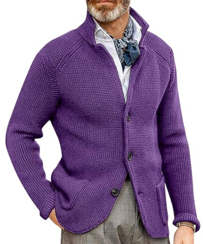 Oanviso Cardigan Homme Gilet Automne Veste Tricoté Chaud avec Col Droit Manche Longue Bouton Gilets Tricotés Pulls Veste Coupe Ajustée Cardigans A Violette L