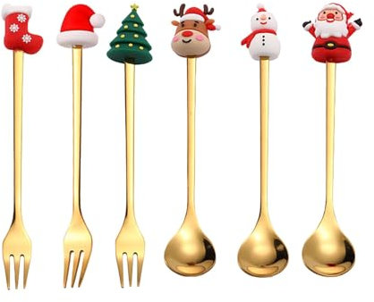 perfk Cuchara de café navideña de acero inoxidable y tenedores para cena de Navidad, cuchara de postre, cuchara agitadora, tenedores para pastel, regalos, Oro 6 piezas