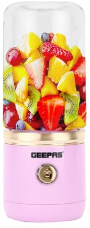 Geepas Portable Smoothie Maker - 420ML Personal Blender with Rechargeable USB Type-C and 6 Blades, Fruit Mixer Juicer Mini Portable Blender Cup for Travel, Kitchen, Gym, Office, Pink