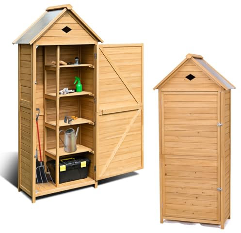 HOMASIS Casetta da Giardino in Legno, Casetta Porta Attrezzi Impermeabile con 5 Ripiani, Capanno da Giardino con Tetto Zincato e Serratura, Armadio da Esterno, Balcone, 80 x 45 x 177 cm