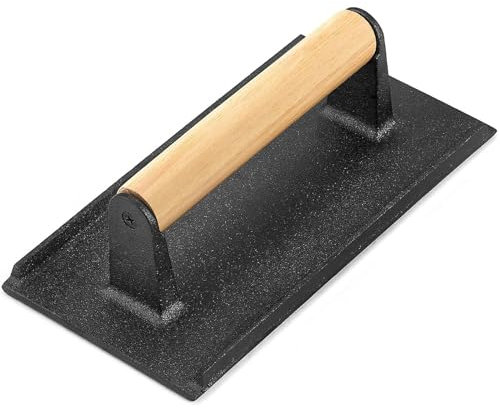 GFTIME Pesa de carne de hierro fundido, 21 x 11 cm, para barbacoa y prensa de hamburguesas de 1 kg, prensa cuadrada de hierro fundido para tocino con mango de madera