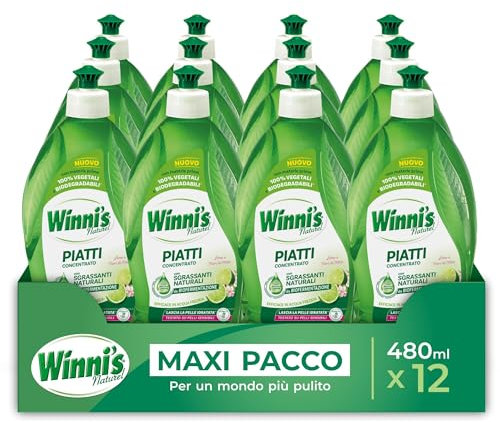 Winni's - Detersivo Piatti e Stoviglie a Mano, Lime e Fiori di Mela, Concentrato, Ipoallergenico, con Sgrassanti Naturali da Biofermentazione, Materie Prime di Origine Vegetale, 480 ml x 12 Confezioni