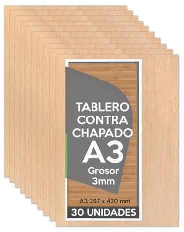 Planetacase - Tablero Madera Contrachapado A3 297x420x3mm - 30 Paneles - Bricolaje, Manualidades, Corte Láser, Marquetería, Calado, Artesanía - Madera
