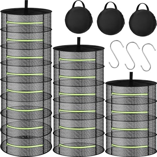 FillTouch 3 Pcs Mesh Zippered Herb Drying Rack 4 Tier 6 Tier 8 Tier 24 Diameter Hanging Dryer Dry Net with Hook for Plants, Seeds, and Buds, Fit in Grow Tents Closets Hydroponics Indoor and Outdoor