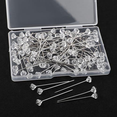 100 Stück Dekonadel,38mm Diamant Blumenstrauß Pins Stecknadeln Lang mit Transparente Box für Hochzeitsblumen, Knopflöcher, Brautschmuck, Blumenhandwerk