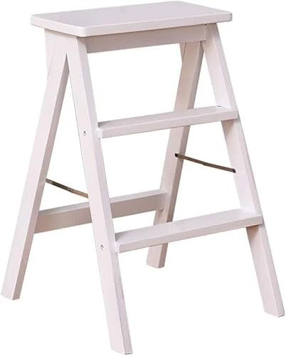 Escabeau Pliant à 3 marches, échelle en Bois, chaises de Cuisine en Bois Massif à Chevrons, 3 Couleurs, 39x20x64cm (Couleur: Blanc) (Couleur Bois) (Blanc) (Blanc R)