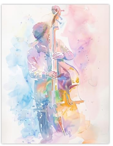 Artery8 Double Bassist Jazz Musician Light Watercolour Living Room Large Wall Art Poster Print Thick Paper 18X24 Inch