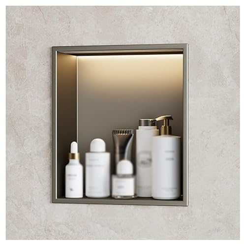 ZCFLWR Nicchia da Parete in Acciaio Inossidabile, nicchia da Doccia incassata con Luce a LED, mensola Organizer Impermeabile per riporre Oggetti in Bagno, Senza Bisogno di Piastrelle (Grigio, 32x32