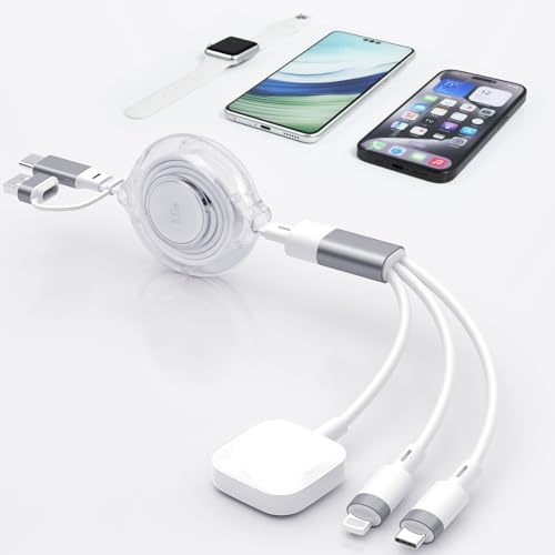 aceyoon Ladekabel für Apple Watch und iPhone, 3 in 2 Multi USB Kabel, 100W Einziehbares Ladekabel Typ C/USB A auf Lighting, Typ C/USB A auf C Schnellladekabel für iPhone, für iWatch, Galaxy(1.2M)