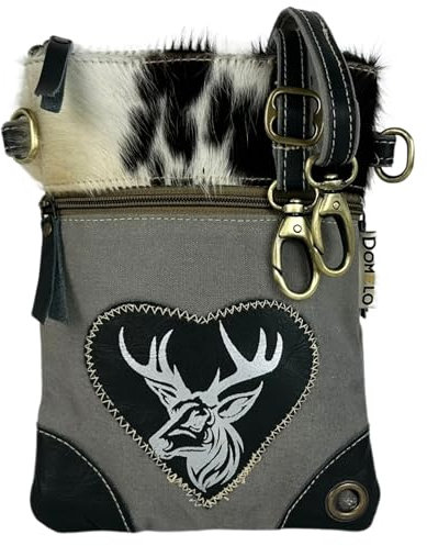 Domelo Dirndl Umhängetasche- Oktoberfest Trachtentasche. Tasche mit Hirsch & Herz Design - Traditionelle Kleine Crossbody Bag aus Canvas & Kuhfell. Geschenke für Teenager Mädchen