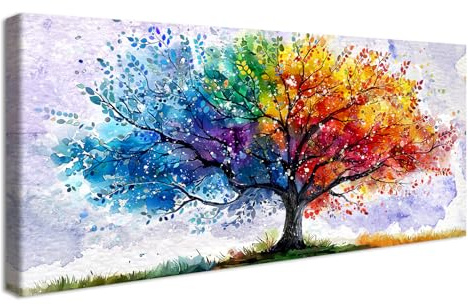 Cadre en Bois Impression sur Toile Arbre De Vie Aquarelle Tableau Peinture Poster Mural Arbre Coloré Flocon de Neige Blanc Image sur Toile Grande Tableau Decoration Murale Salon Chambre 50x120cm