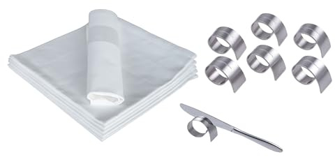 texpot 6 Stück Stoffservietten 40 x 40 cm mit 6 Serviettenringen Baumwolle Vorteilspack weiß Mundtücher