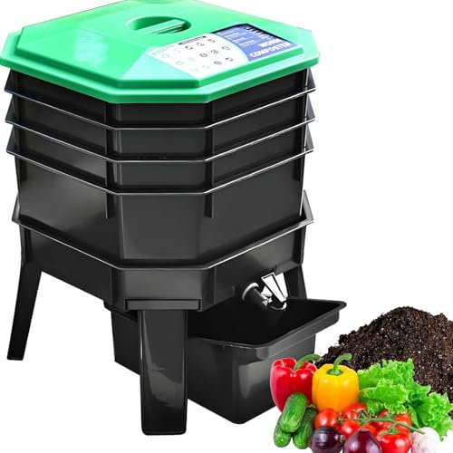 QYOEGSQ Worm Composter Bin,Garden Compost Bin with 4 Removable Trays,Grid Ventilation and Pedestal Faucet Design, Fermentation Barrel Easy Assembling, Compost Bins for Garden, Backyard, Balcony