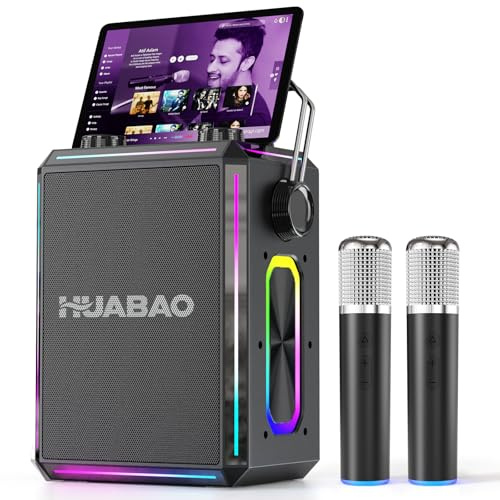 HUABAO Tragbarer Bluetooth-Karaoke-Lautsprecher mit 2 kabellosen Mikrofonen, RGB-Beleuchtung, Höhen- und Bassregelung, Stimmeffekten, AUX/USB/TF/OTG/6,5-mm-Eingang, Party-Lautsprecher (Schwarz)