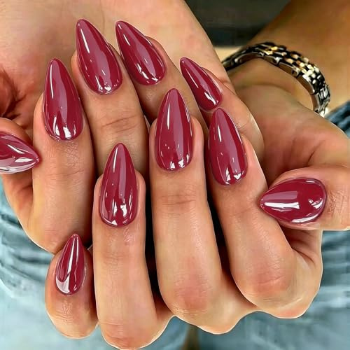 KQueenest Chrome Press On Nails - Glitzer Rot Nägel zum Aufkleben Mittel Mandel, Sparkle Bling Fake Nails Künstliche Fingernägel zum aufkleben, Glasiert Acryl Nägel für Frauen, 24 Stück