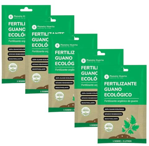Planeta HUERTO | Fertilizante Guano Ecológico Soluble 5 Sobres para 25L – Fertilizante Guano Abono Natural NPK para Plantas de Interior y Exterior con acción sobre el Suelo