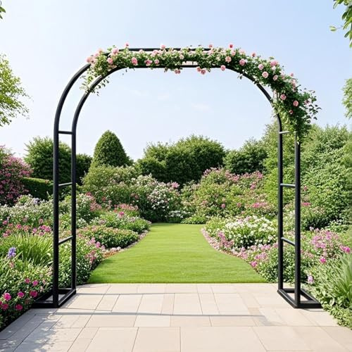 AJTXCSFOQL Rosenbogen Metall Stabil Torbogen 120 180 200 Rankgitter Rosenhilfe, Rankhilfe mit Basis für Kletterpflanzen und Rosen, Hochzeitsbogen Rankbogen Gartenbogen(Black,W300 x H250 x D40 cm)