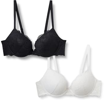 Amazon Essentials Reggiseno Push-up Imbottito in Pizzo con Ferretto Donna, Confezione da 2, Nero/Bianco, 2E