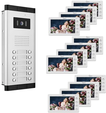 Wired Video Apartment Intercom System,2/3/4/5/6/8/10/12 Units 7 inch Monitor Video Door Phone Kit,Indoor Outdoor Video Doorbell, 2 Way Audio,One Key Unlock for Home (1 Doorbell + 12 Monitor)