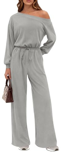 PRETTYGARDEN Long Sleeve Jumpsuit For Women Dressy 2026 Off Shoulder One Piece Loose Wide Leg Jumpsuits Casual Flowy Romper (Grey,Small)
