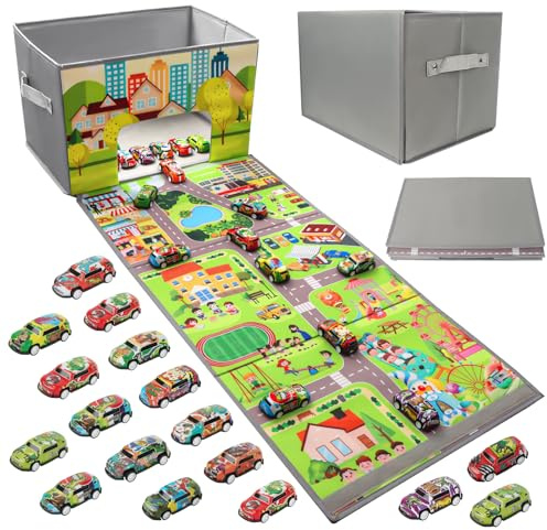 LPQKCcY Toy Car Storage Box Play Mat with 20 Cars, Kids Storage Boxes with Handles, Foldable and Portable Toy Car Mats with Speed Roads for Boys Girls (Grey-Speed Road)