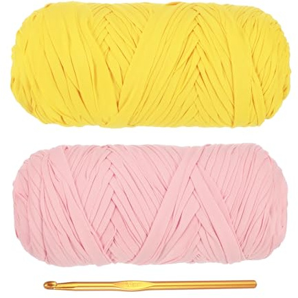 PATIKIL T-skjorta garn för virkning med 1 virkkrok, 2-pack 400 g/130 meter mjukt högelastiskt stickgarn för nybörjare, virkningsväska/korg/heminredning (ljusrosa/gul)