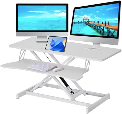 Stehpult-Konverter | 94X40Cm Schreibtischerhöhung Mit Tastaturablage Für 2 Bildschirme, Schreibtischaufsatz Höhenverstellbar Von 15 Bis 48 cm, Pneumatische Luftfederung, Manuell Bedienbar