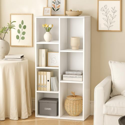 Nordivale Book Shelf, Bookcase, Shelving Unit, 7 Cube Storage Unit, White Corner Shelf Unit Free Standing for Living Room, Bedroom, Study Room & Office, 1 Pack