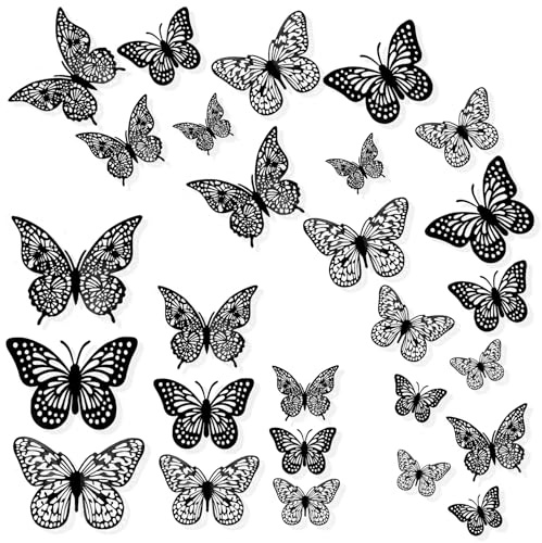 24 Piezas 3D Mariposa Decoración,Decoración De Pared De Mariposa En 3D,Estereoscópico Pegatinas Mariposas,Para Fiesta Boda Dormitorio Jardin Decoración(Negro)
