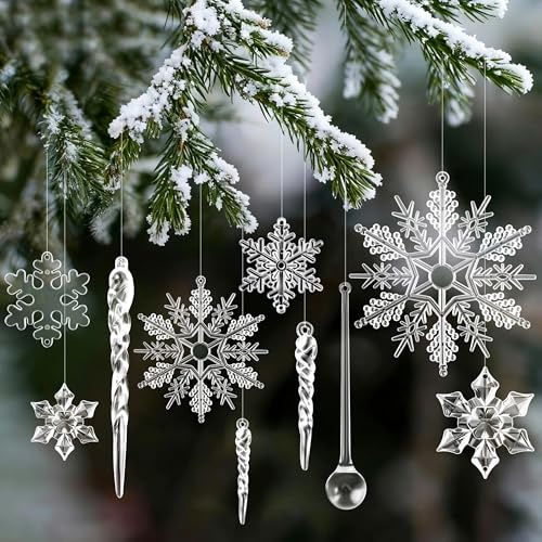 Adornos de Cristal Decoración de Árbol De Navidad, 20 Piezas Copo de Nieve Transparentes y Carámbanos Decoración Navideña Colgante de Acrílico, para Navidad Invierno Exterior Interior