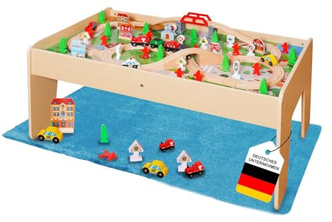 Coemo Spieltisch inkl. Set 90-TLG. Holzeisenbahn, Natur, Motorikspielzeug | Mit umkehrbarer, abnehmbarer Tischplatte, Gleise, Zug, Geschenk für Kleinkinder, Jungen und Mädchen ab 3 Jahren