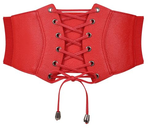 WERFORU Dam brett bälte vintage elastiskt midjebälte falskt läder korsett bälte snörning cinch midjebälte, D-röd, Passend für Taillengröße 116-125cm