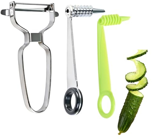 2-in-1 Spiralschneider & Schäler Set, Handliches Küchenwerkzeug aus Edelstahl & Kunststoff für Gurken, Kartoffeln, Karotten & Obst, Perfekt zum schnellen Schneiden und Schälen